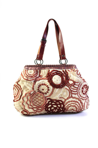 Jamin Puech Womens Embroidered Beaded Canvas Hinged Tote Handbag Ivory Red