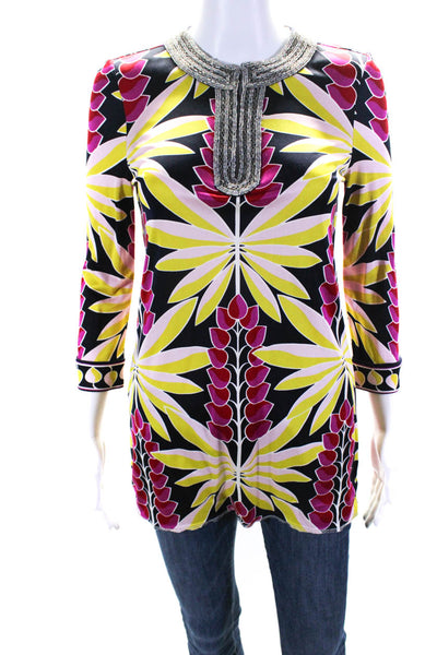 Tory Burch Womens Printed Beaded Y Neck Tunic Blouse Pink Blue Yellow Size XS