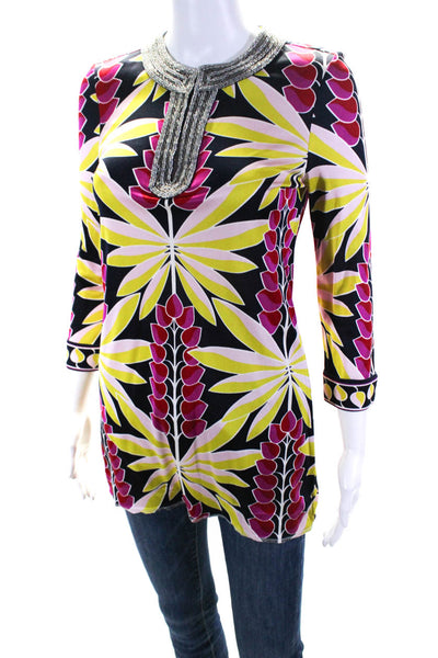 Tory Burch Womens Printed Beaded Y Neck Tunic Blouse Pink Blue Yellow Size XS