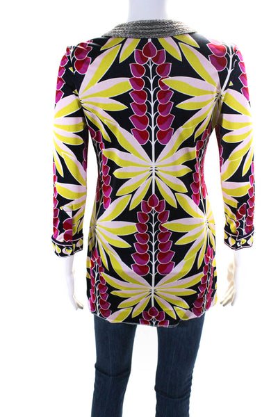 Tory Burch Womens Printed Beaded Y Neck Tunic Blouse Pink Blue Yellow Size XS