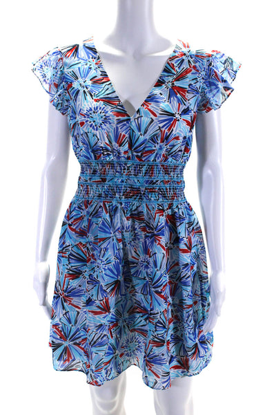 STS Women's Cotton Abstract Print V-Neck Ruffle Sundress Blue Size S