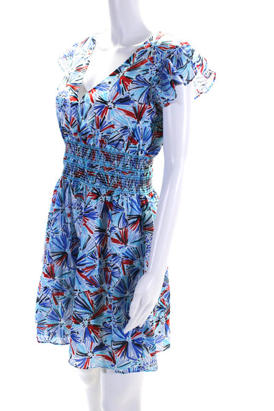 STS Women's Cotton Abstract Print V-Neck Ruffle Sundress Blue Size S