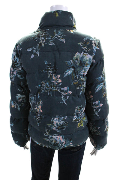 Ettitwa Womens Front Zip Mock Neck Quilted Floral Jacket Blue Size Small