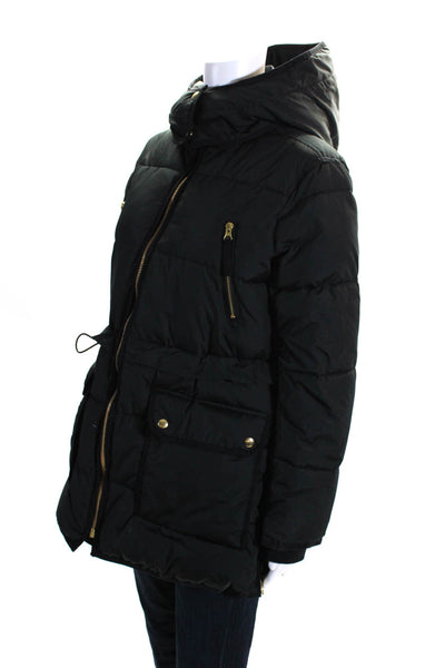 J Crew Womens Front Zip Quilted Hooded Lightweight Super Warm Jacket Black MP