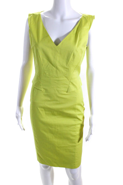 Karen Millen Womens Back Zip Sleeveless V Neck Sheath Dress Green Cotton Size 8