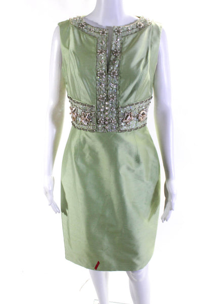 Kay Unger Womens Embellished Dupioni Silk Y Neck Sheath Dress Light Green Size 4