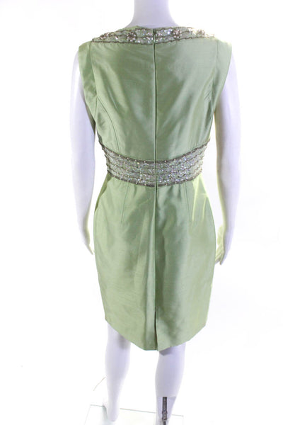 Kay Unger Womens Embellished Dupioni Silk Y Neck Sheath Dress Light Green Size 4