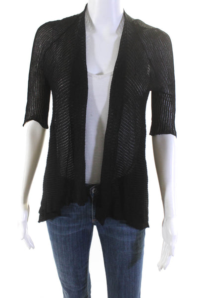 Eileen Fisher Womens Black Open Knit Open Short Sleeve Cardigan Top Size XS