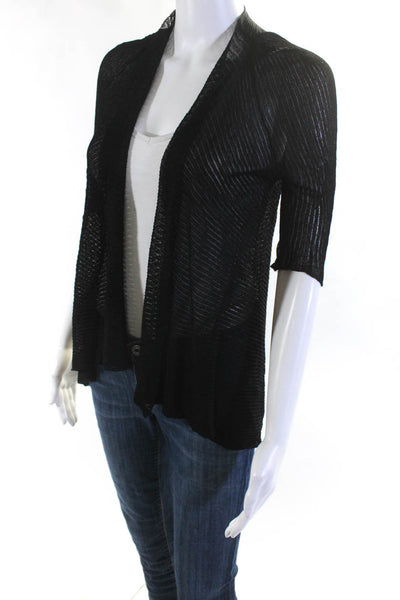 Eileen Fisher Womens Black Open Knit Open Short Sleeve Cardigan Top Size XS