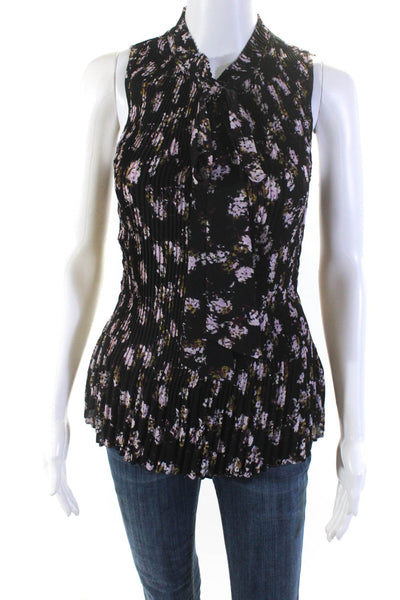 DKNY Womens Black Floral Print Tie V-Neck Sleeveless Blouse Top Size S