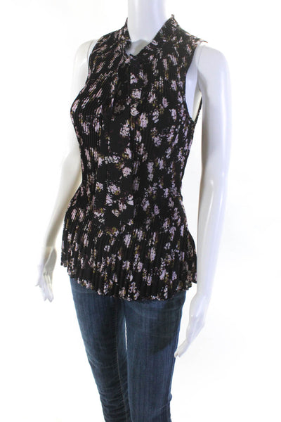 DKNY Womens Black Floral Print Tie V-Neck Sleeveless Blouse Top Size S