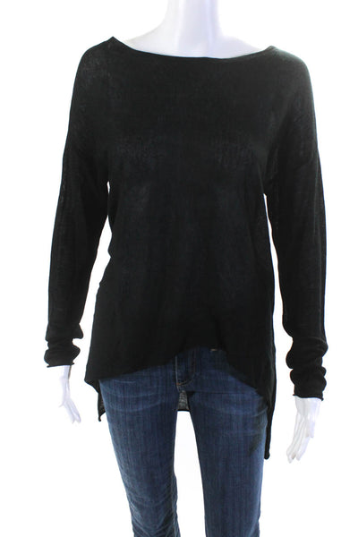 Eileen Fisher Womens Black Sheer Boat Neck Long Sleeve Knit Hi-Low Top Size XS