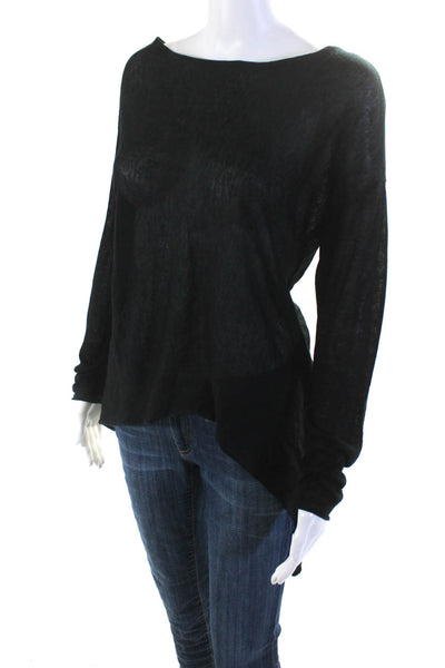 Eileen Fisher Womens Black Sheer Boat Neck Long Sleeve Knit Hi-Low Top Size XS