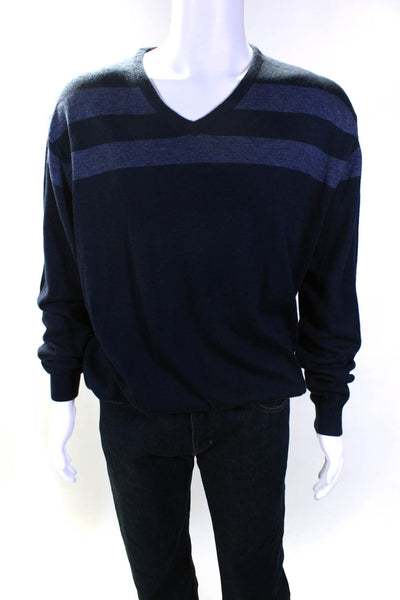 Linea Rosso Mens V Neck Striped Pullover Sweater Navy Blue Wool Size XXL