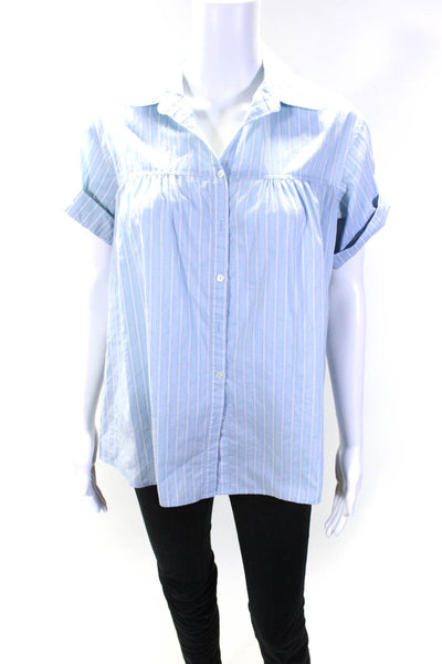 Vince Womens Cotton Striped Buttoned Collared Short Sleeve Top Blue Size S