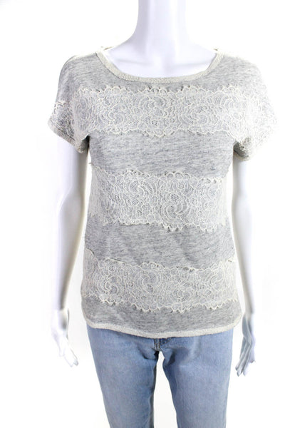 Sandro Womens Short Sleeve Scoop Neck Lace Striped Tee Shirt Gray White Size 1