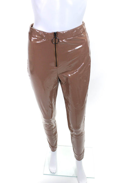LPA Womens Shiny Brown Zip Front High Rise Skinny Leg Vegan Leather Pants Size S