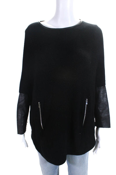 Maje Womens Knit Leather Trim Dolman Long Sleeved Zippered Sweater Black Size 1