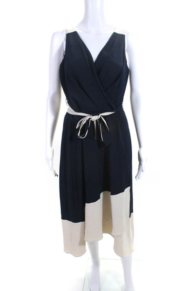 DKNY Womens Colorblock Belted Zipped Slit Sleeveless Midi Dress Navy Size 6