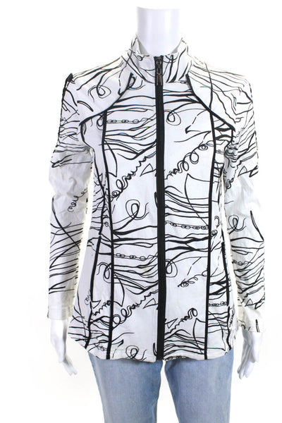 Berek Womens Cotton Abstract Print Cut-Out Collared Zipped Jacket White Size S