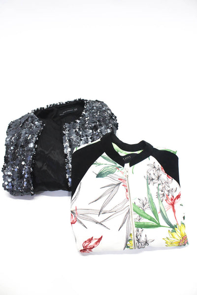 Zara Womens Floral Sequined Textured Zipped Jacket Blazer White Size XS M Lot 2