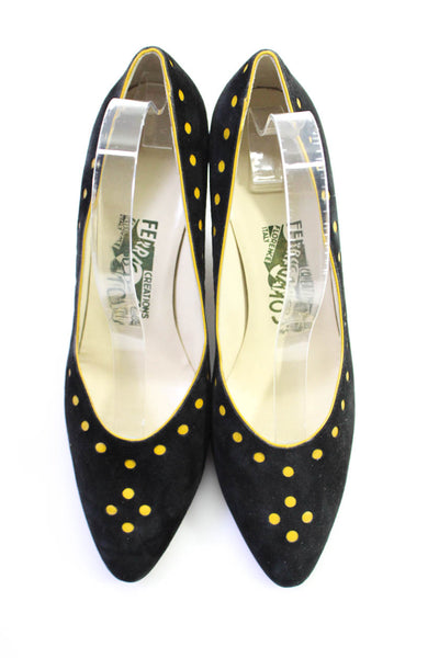 Ferragamo Womens Slip On Dotted Cone Heel Pumps Black Suede Size 39.5M