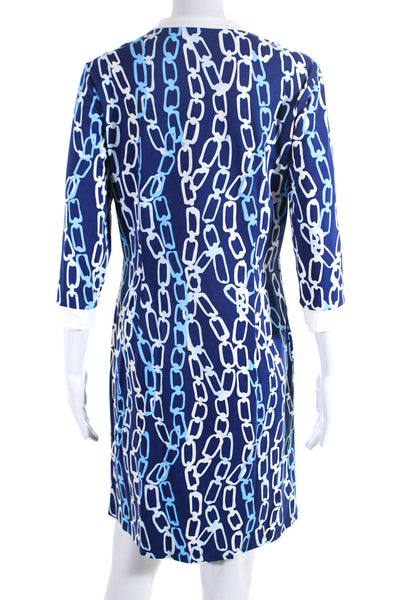 J. Mclaughlin Womens 3/4 Sleeve V Neck Chain Print Dress Blue Whiter Size Medium