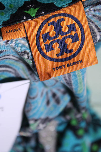 Tory Burch Womens 3/4 Sleeve V Neck Printed Silk Knit Top Blue Black Size Small