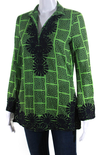 Tory Burch Womens Embroidered Printed V Neck Tunic Shirt Green Black Size 2