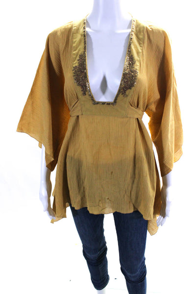 La Perla Womens Cotton Rippled Embellished Square Neck Blouse Top Yellow Size 44