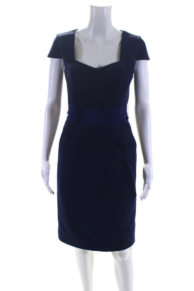 Ports 1961 Womens Square Neck Cap Sleeve Twill Sheath Dress Navy Blue Size 6