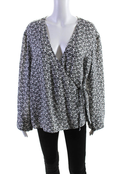 A.L.C. Womens Silk Floral Print Long Sleeves Wrap Blouse White Black Size 10