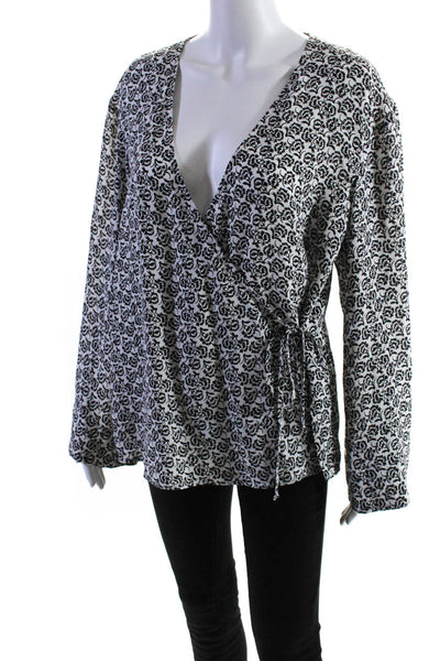 A.L.C. Womens Silk Floral Print Long Sleeves Wrap Blouse White Black Size 10