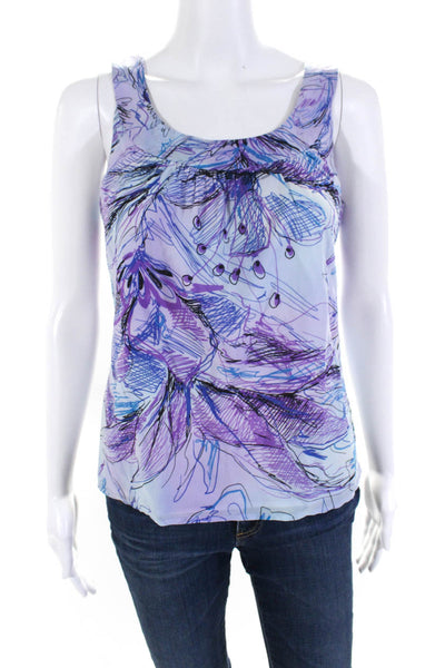 St. John Collection Womens Scoop Neck Scribbled Floral Silk Top Blue Purple 2