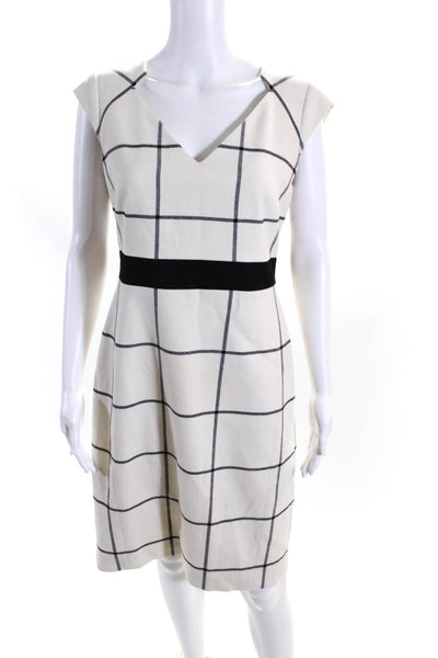 Karen Millen Womens Back Zip V Neck Check Sheath Dress White Black Size 8