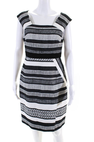 Karen Millen Womens Back Zip Square Neck Striped Woven Dress White Black Size 8