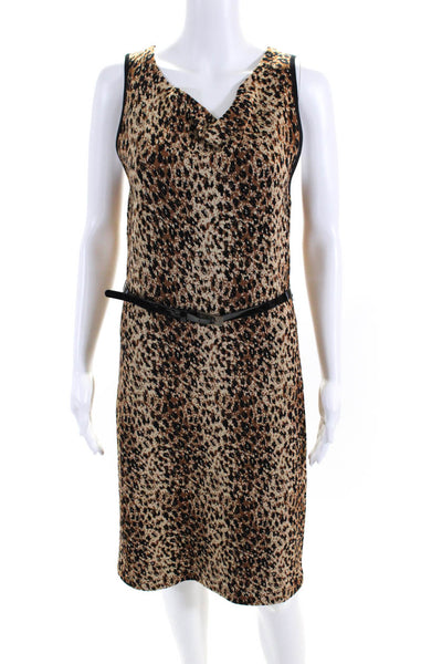 Adrienne Vittadini Womens Leopard Knit Belted Cowl Sheath Dress Brown Medium