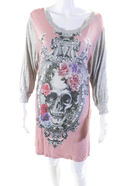 Gizia Gold Womens Skull Floral Print Shirt Dress Pink Grey Size EUR 36