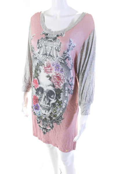 Gizia Gold Womens Skull Floral Print Shirt Dress Pink Grey Size EUR 36