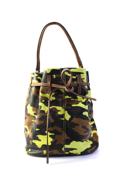 VBH Womens Camo Print Drawstring Leather Bucket Tote Handbag Yellow Brown Black
