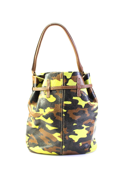 VBH Womens Camo Print Drawstring Leather Bucket Tote Handbag Yellow Brown Black