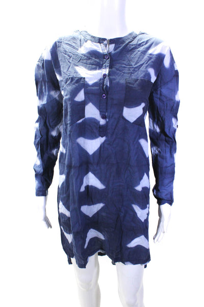 Antik Batik Womens Cotton Printed 1/2 Button Up Shirt Dress Navy Blue Size XS 36