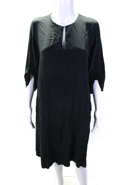 Tibi Womens Silk Crepe V-Neck 3/4 Sleeve A-Line Midi Dress Black Size 2