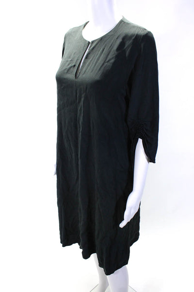 Tibi Womens Silk Crepe V-Neck 3/4 Sleeve A-Line Midi Dress Black Size 2