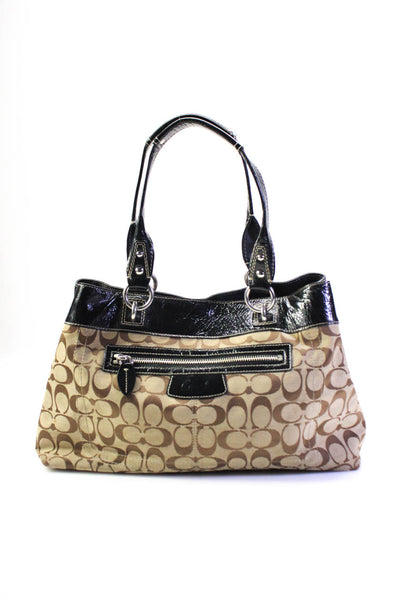 Coach Womens Patent Leather & Monogram Canvas Shoulder Bag Medium Brown Handbag
