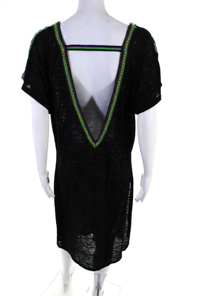 Pitusa Womens Embroidered Trim V Neck Side Split Shift Dress Black Size Petite