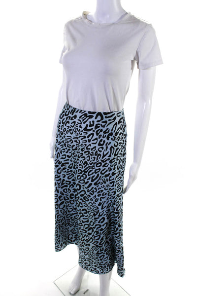 Rebecca Minkoff Womens Leopard Print Satin Midi Flare Skirt Blue Black Size 0