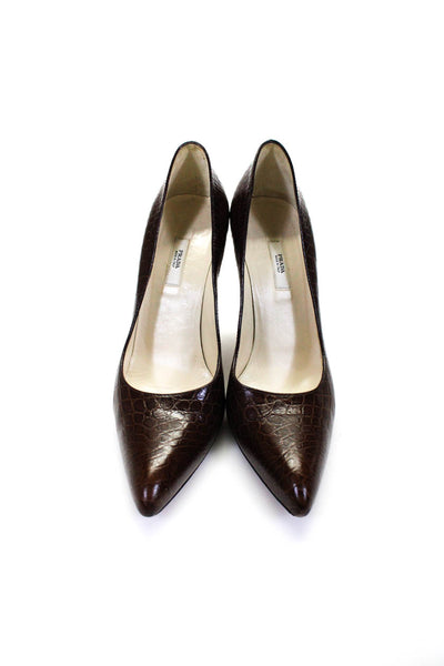 Prada Womens Embossed Leather Pointed Toe Pumps Brown Size 38.5 8.5