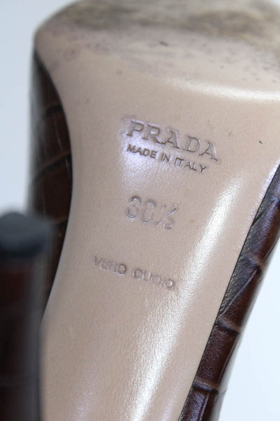 Prada Womens Embossed Leather Pointed Toe Pumps Brown Size 38.5 8.5