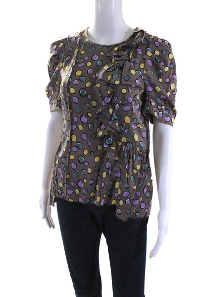 BCBGMAXAZRIA Womens Short Sleeve Ruffled Dotted Silk Shirt Brown Multi Small